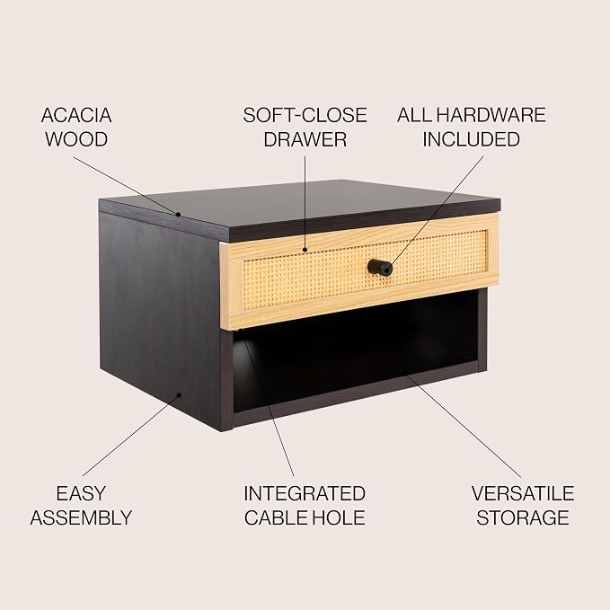 JONATHAN Y NST2000A Celerie 15.71" Mid-Century Modern Floating Wall Mounted Nightstand with Soft-Close Rattan Drawer and Cable Hole, Black/Light Oak - Image 4