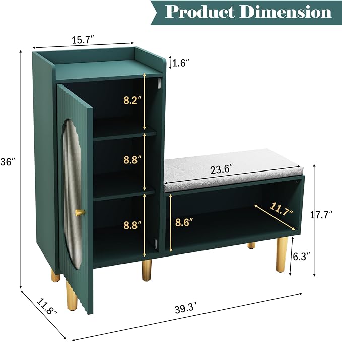 HLR Storage Bench Set of 2, Green Modern Entryway Shoe Cabinet Bench with Glass Door&Shelf, L-Shaped Storage Cabinet with Padded Seat for Hallway, Bedroom, Living Room, Office - Image 2