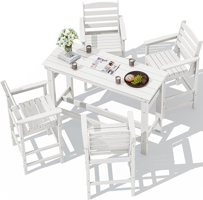 SERWALL Outdoor Bar Set - 4 Adirondack Bar Chairs & Bar Height Table with 1.6" Umbrella Hole, All-Weather HDPE Patio Furniture for Poolside, Backyard, Garden - White by SERWALL