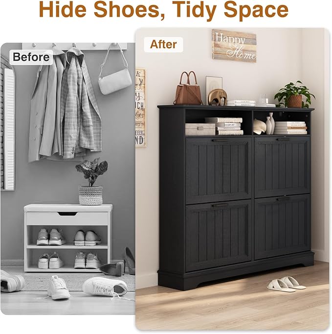 Shoe Storage Cabinet with 4 Flip Drawers, Farmhouse Modern Hidden Shoes Rack Cabinet with Adjustable Shelves & Open Storage, Narrow Slim Shoe Organizer for Front Door Entrance, Entryway, Hallway,Black - Image 4