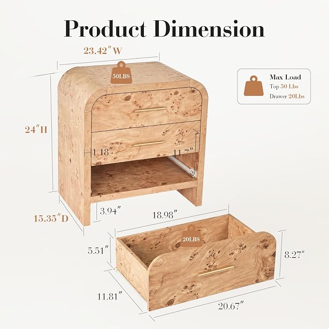 Night Stand [Unique Curved Profile] [FSC-Certified Wooden Board] 3-Drawer Nightstand 24" H Metal Handle Modern Bedside Table - Image 7