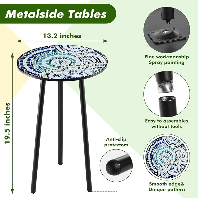 1 Pack Metal Outdoor Side Table Small Outside Round End Table for Patio Modern Accent Garden Corner Table for Small Spaces, Balcony, Porch, Weather-Resistant, Plant Stand Indoor, Round Mosaic - Image 3