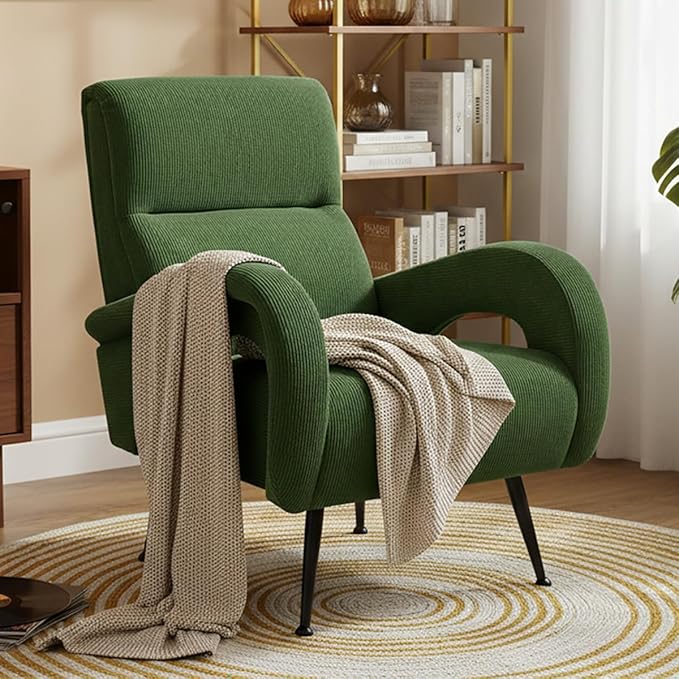 Corduroy Living Room Accent Chairs, High Back Reading Chairs for Bedroom, Modern Comfy Upholstered Armchairs for Bedroom, Reading Nook, Apartment, Forest Green
