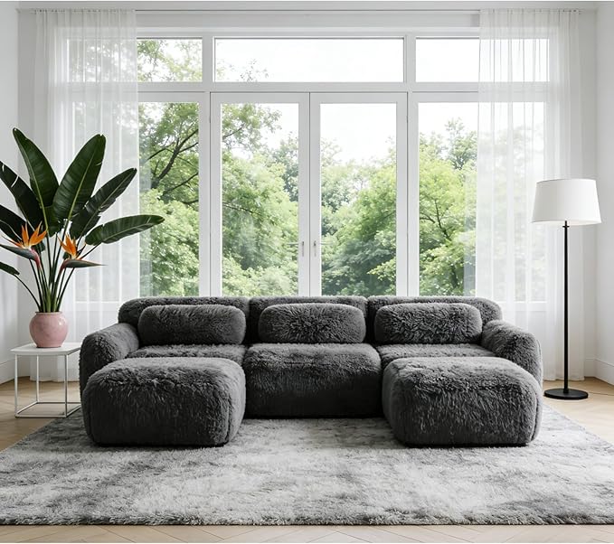 114.7" Modular Boneless Sofa, Modern Sectional Couch, U-Shape Boneless Couch for Living Room Apartments Bedroom, 32D High Density Sponge Lounge Sofa, No Assembly Required, Dark Grey
