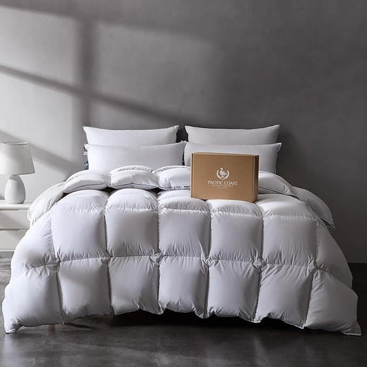 Pacific Coast Luxury White Goose Feather Down Fiber Comforter Queen Size, All Season Hotel Collection Duvet Insert, Ultra Soft, Breathable Bedding Comforter with 8 Corner Tabs, 90x90 Inch White