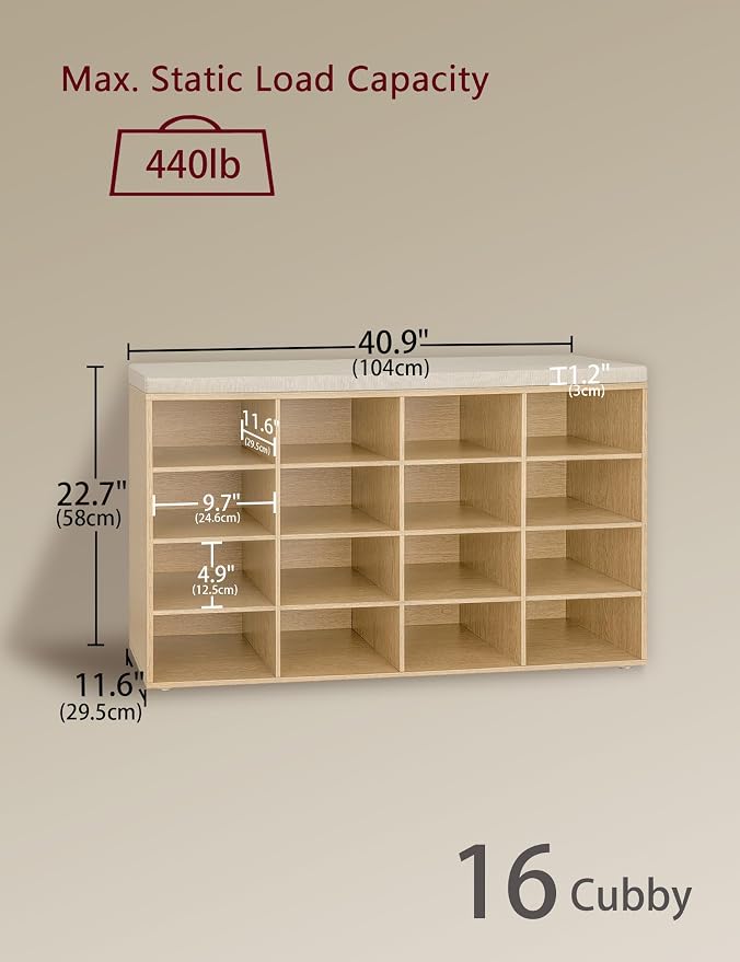 DINZI LVJ Shoe Storage Bench with Cushion, 16-Cubby Shoe Rack, Adjustable Shelves, 40.9" Long Shoe Organizer Bench for Entryway, Mudroom, Hallway, Garage, Natural and Cappuccino Beige - Image 3