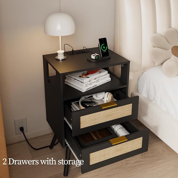 JOONEE Rattan Nightstand with Charging Station,Farmhouse Bedside Table with 2 Storage Drawer and Open Wood Shelf, for Bedroom and Small Spaces,Night Stand with Solid Wood Legs (Black-Outlet) - Image 5