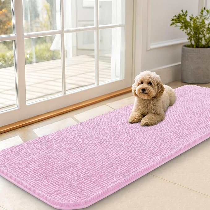 OLANLY Dog Door Mat for Muddy Paws 59x20, Absorbs Moisture and Dirt, Absorbent Non-Slip Washable Doormat, Quick Dry Chenille Mud Mat for Dogs, Entry Indoor Entryway Carpet for Inside Floor, Pink by OLANLY