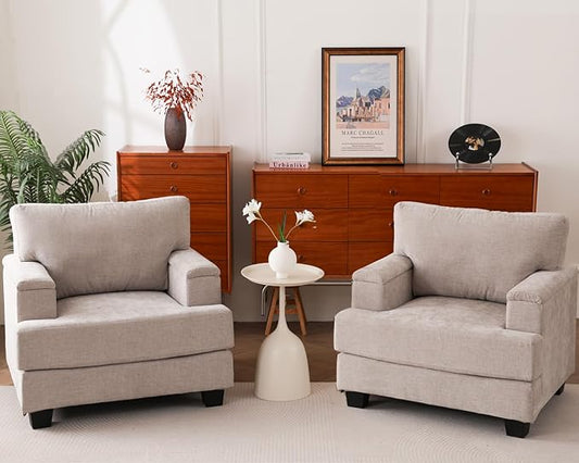 Oversized Living Room Chairs Set of 2,Comfy Accent Chair with Armrest Organizer,Upholstered Linen Fabric Armchair Thick Cushion,Big Reading Chair,Sofa Chair for Bedroom,Khaki