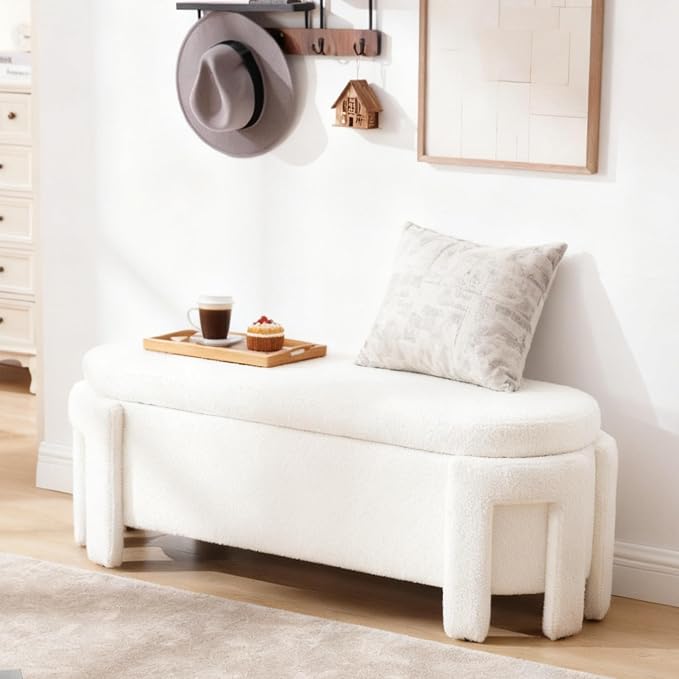 50" Ottoman Storage Bench, Modern End of Bed Bench with Upholstered Seating, Comfy Cute Oval Entryway Bench for Living Room/Bedroom/Entrance/Hallway, Sherpa White - Image 7