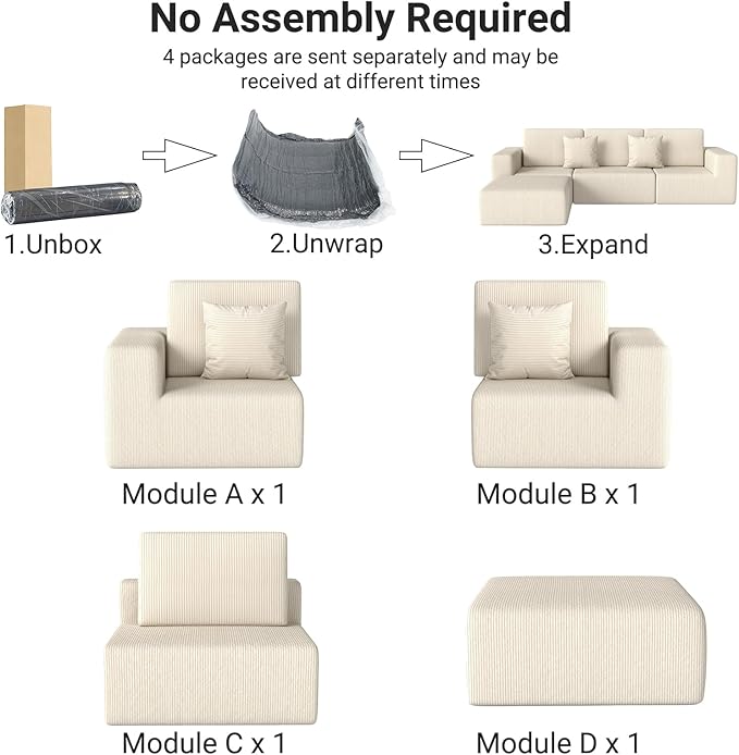 Modern L-Shaped Modular Sectional Sofa for Living Room, Oversized 3 Seaters Boneless Cloud Couch Sectional with Ottoman, Deep Seat, Pockets No Assembly Required (Beige)