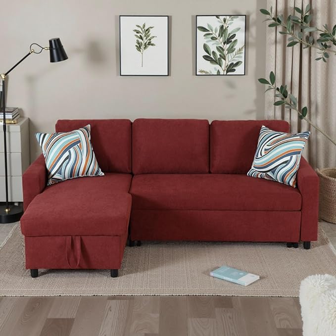 Convertible Sofa Bed Couch, 2 Seat Solid Wood Sectional Couches for Living Room with Storage, Sleeper Sofa Couch with Pullout Bed for Apartment, Red