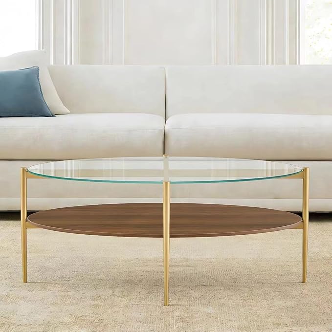 Shrine Oval Coffee Table, Mid-Century Modern Design, 2-Tier Structure, Clear Glass Top and Walnut MDF Shelf, 47" D x 21" W x 17" H, Sleek Conical Metal Legs with Gold Finish