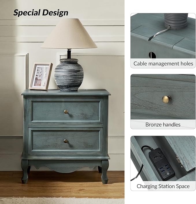 HULALA HOME Solid Wood End Table with Charging Station Space, Vintage Endtable with Wood Legs and 2 Drawers, French Side Table for Living Room，Blue - Image 3