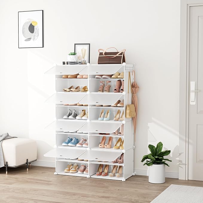 Shoe Rack 8 Tier Shoe Storage Cabinet with Door 32 Pair Tall Shoes Rack Organizer Free Standing Expandable Stable Plastic Easy Assembly Shoes Shelf for Closet Hallway Entryway Bedroom White - Image 2