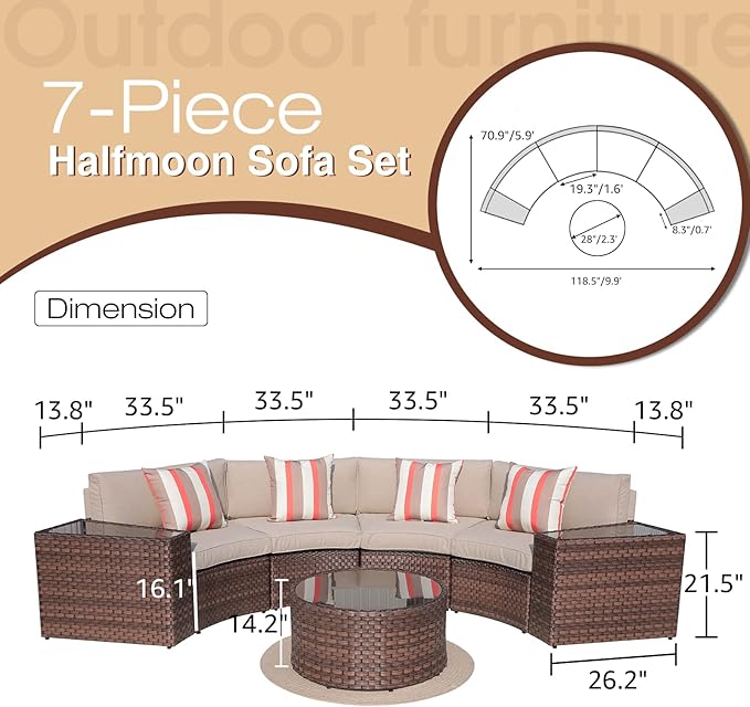 SUNSITT Outdoor 7-Piece Half-Moon Sectional Furniture Set with Round Coffee Table, Patio Curved Sofa Set, Beige Cushion and Brown Wicker, Incl. Waterproof Cover
