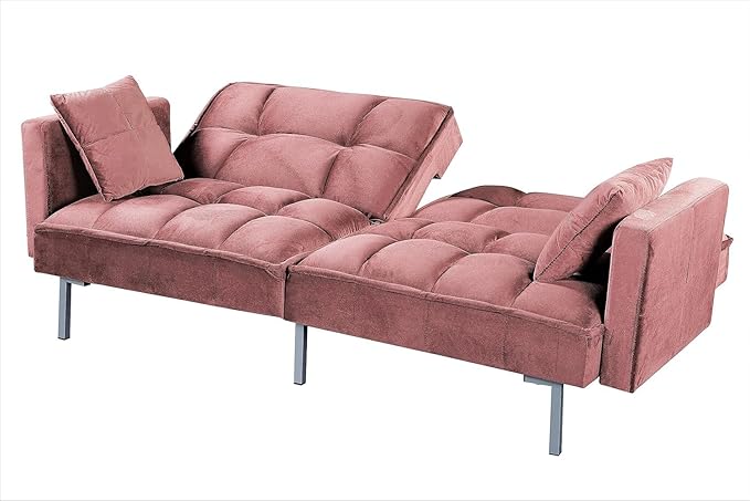 Regal 75.6" Velvet Convertible Sofa Bed - Mid-Century Sleeper Couch w/Tufted Design & Metal Legs - Pull-Out Futon for Guests/Home (75.6" W x 34.6" D x 32" H), Rose