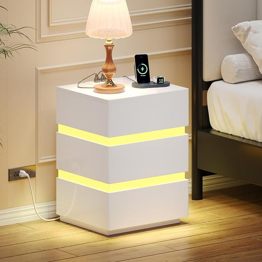 Nightstand with Charging Station and LED Lights, Night Stand with 3 Drawers, Modern End Table Side Table with USB Ports and Outlets, White (1) by Unknown