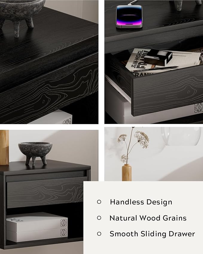 Mid Century Modern Floating Nightstand Set of 4, Wall Mounted End Table with Drawer and Open Compartment Wooden Bedside Night Stand Small Storage Cabinet for Bedroom, Black - Image 5