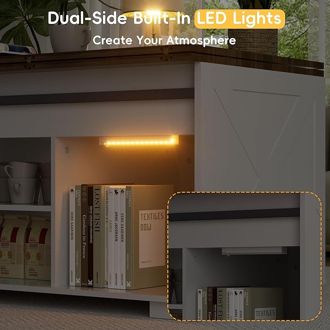 Upgraded Coffee Table with Lifting Top And Sliding Doors, Thick Panels, Industrial Metal Mesh Sides, Dual LED Accent Lights, Large Storage Center farmhouse square Table for Living Room, Cloud Drift