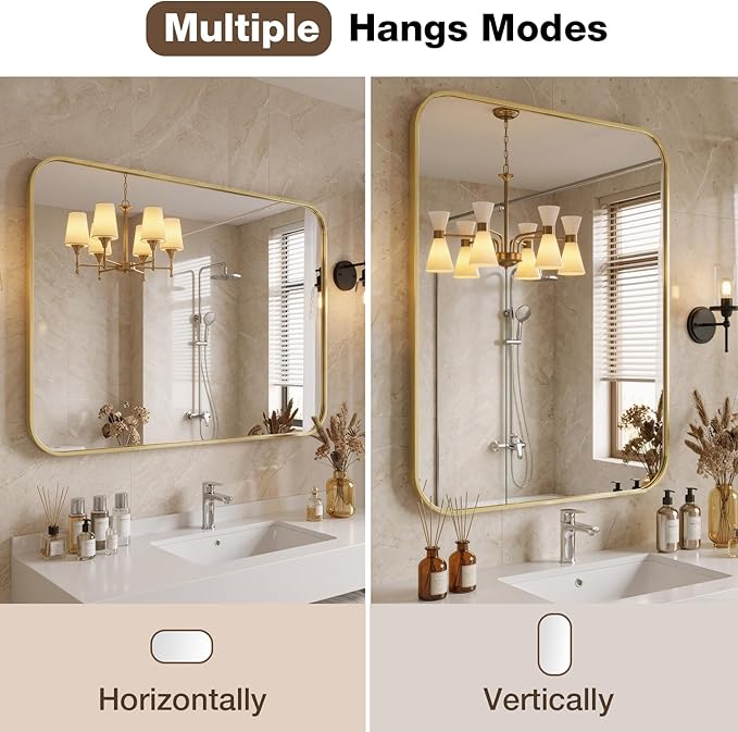 24x32 Inch Bathroom Mirrors for Over Sink, Brushed Gold Rectangle Mirror for Bathroom or Entryway, Wall Mounted Vanity Mirror with Aluminum Alloy Frame & Tempered Glass, Hangs Horizontally/Vertically - Image 6