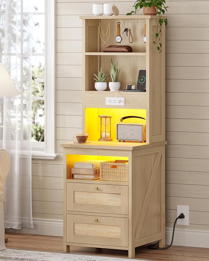 Farmhouse Tall Nightstand with Charging Station and 2 Drawers,Led Rattan Night Stand with Bookshelf,Bedside End Side Table with 6 Hooks and Storage Shelves for Bedroom,Wood - Image 8