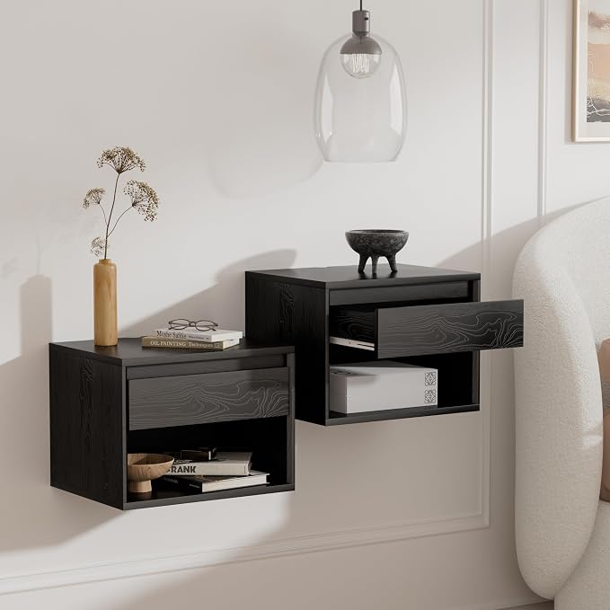 Mid Century Modern Floating Nightstand Set of 2, Wall Mounted End Table with Drawer and Open Compartment Wooden Bedside Night Stand Small Storage Cabinet for Bedroom, Black by MoomJiee