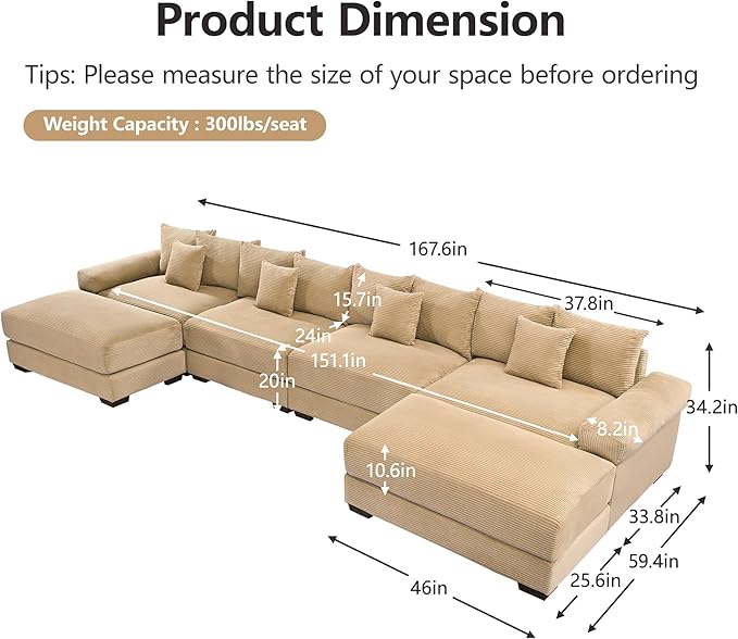 KEIKI 168" U-Shaped Oversized Corduroy Modular Cloud Sectional Sofa with 2 Ottoman, High-Density Foam Cushion, Extra-Thick Armrest, 4-Seater Fluffy Corner Couch with 12 Pillow, for Living Room, Camel