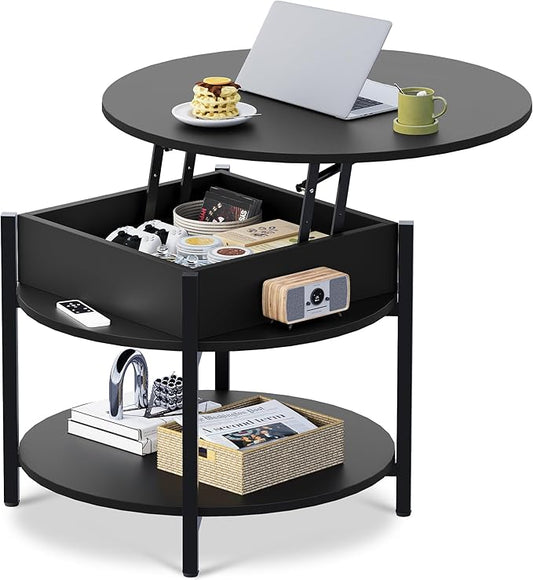 WLIVE Round Lift Top Coffee Table with Storage Shelf and Hidden Compartment, Farmhouse Small Coffee Table with 2 Tier for Living Room and Home Office, Black