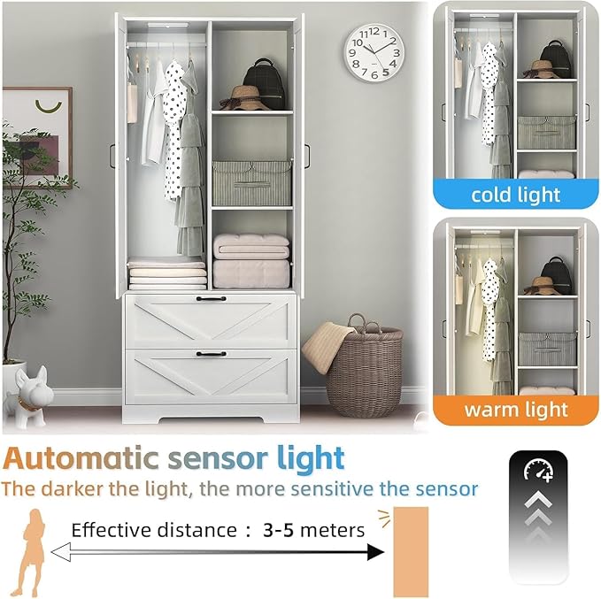 White Armoire Wardrobe Closet with Mirror Door and LED Lights,72" Tall Farmhouse Bedroom Armoire with Drawers and Adjustable Shelves,Wooden Armoire Wardrobe Closet for Bedroom