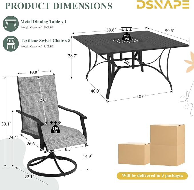 9 Pcs Patio Dining Set for 8, All Weather Outdoor Furniture Set, 59.6" Square Metal Dining Table with Umbrella Hole and 8 High Back Textilene Swivel Chairs for Deck Garden Lawn Poolside, Grey - Image 2