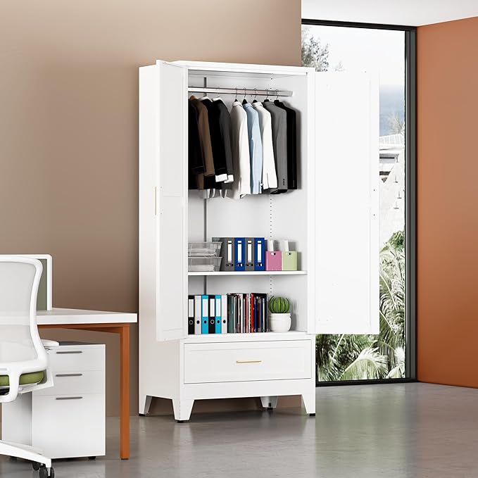 Metal Armoire Wardrobe Closet with 1 Drawer, 71" Wardrobe Cabinet with 1 Adjustable Shelf & 1 Hanging Rod for Bedroom, White Metal Closet Storage Cabinet with 2 Doors & Drawers
