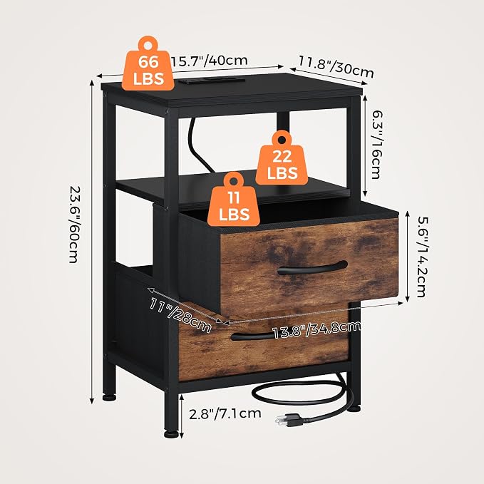 OLIXIS Nightstand with Charging Station, Bedside Table with USB Ports & Type-C, 2 Fabric Drawers Night Stand with Open Shelf, Compact End Table for Bedroom, Black & Rust - Image 3