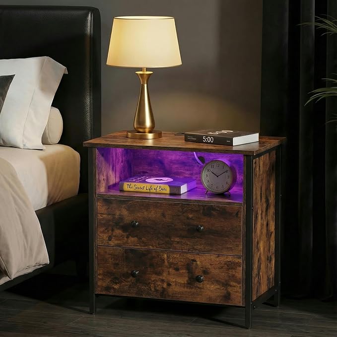 27 Inch Wide Night Stand, Large Wood Night Stand with 2 Drawers, LED Nightstand with Charging Station and Adjustable Drawer, Bedside Table for Living Room/Bedroom/Study/Office, Retro. - Image 8