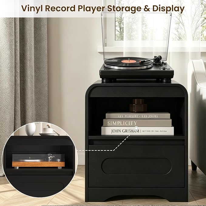 Black Nightstand Set of 2, Modern Night Stand with Drawers, Wood Nightstand, 22" Bedside Side Table with Open Storage, Curved Corners, Hidden Handle, Night Stands End Table for Bedroom Sofa Couch - Image 4
