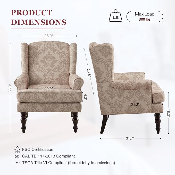 HUIMO Printed Wingback Accent Chair, Linen Upholstered High Back Armchair, Comfy Reading Chair for Living Room Bedroom Study, 300lbs Weight Capacity (2, Brown Floral)