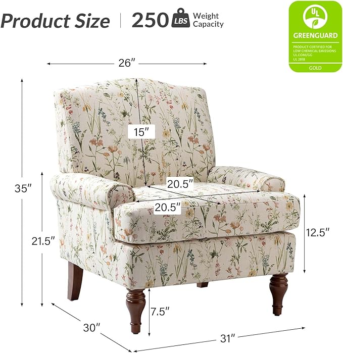 HULALA HOME Accent Chair with Solid Legs & Removable Cushion, Floral Comfy Upholstered Armchair, Leisure Single Sofa Chair for Living Room/Bedroom, Spring