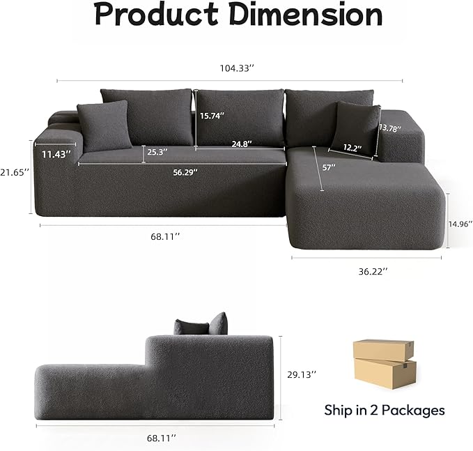 104” Sectional Cloud Couch, L-Shape Compressed Sofa with Left Chaise Lounge, Modular Cloud Couch with 2 Pillows & Deep Seat, Rain Drop Velvet Floor Sofa for Living Room, Dark Gray