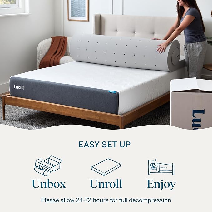 Lucid 4 Inch Bamboo Charcoal Infused Memory Foam Mattress Topper - Twin XL Size – Moisture and Odor Control - Ventilated - Ultra Plush Feel, Pressure-Relief Bed Topper – CertiPur Certified