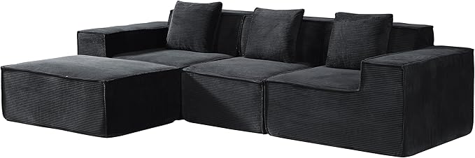 Rowan Convertible Corduroy Sectional Couch with Ottoman & Pillows, Modular L Shaped Sleeper Sofa, Boneless Cloud Couch for Living Room Furniture, Black