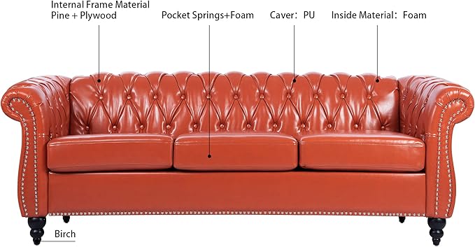 ERYE 84.5-Inch Classic 3 Seat Chesterfield Sofa Couches for Living Room Bedroom, 3 Seaters Button Tufted Faux Leather Upholstered Chesterfield Sofa Couch,Wood Legs | Button Tufted, Easy to Assemble, Nailhead, Removable Cushion