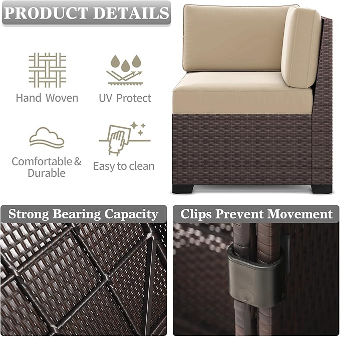 LayinSun 7 Pieces Outdoor Patio Furniture Set with 44" Fire Pit Table Brown Rattan Sectional Sofa Conversation Sets