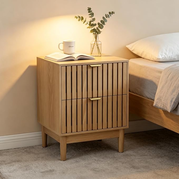 Kiasthome Mid-Century Wood Nightstand with 2 Drawers, Fluted Front Bedside Table, Functional End Table for Bedroom & Living Room (Light Oak (2-Pack)) - Image 6