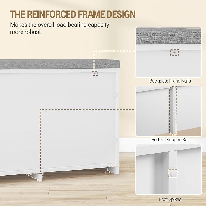 Hzuaneri 2 Tier Shoe Storage Bench with Doors, 59" Farmhouse Shoe Bench with Padded Cushion, 12-16 Pairs of Bed End Bench, Entryway Bench with Storage for Bedroom, Living Room, White SB61503X - Image 8