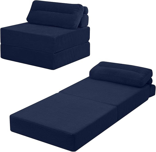 MeMoreCool Folding Sofa Bed Single – Convertible Sleeper Chair with Pillow, Navy | Foldable Mattress Back Support Portable Fold Out Chair Bed Comfy Floor Sofa Lounge for Living Room Bedroom