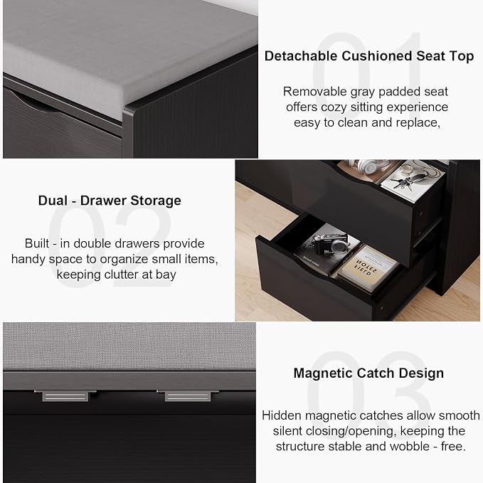 LVB 2-Tier Storage Bench with Padded Seat Cushion, Entryway Bench with 2 Drawers, Removable Barn Doors & Adjustable Shelf, Industrial Shoe Bench for Hallway, Bedroom, Living Room,Black Oak, 40 Inch - Image 4