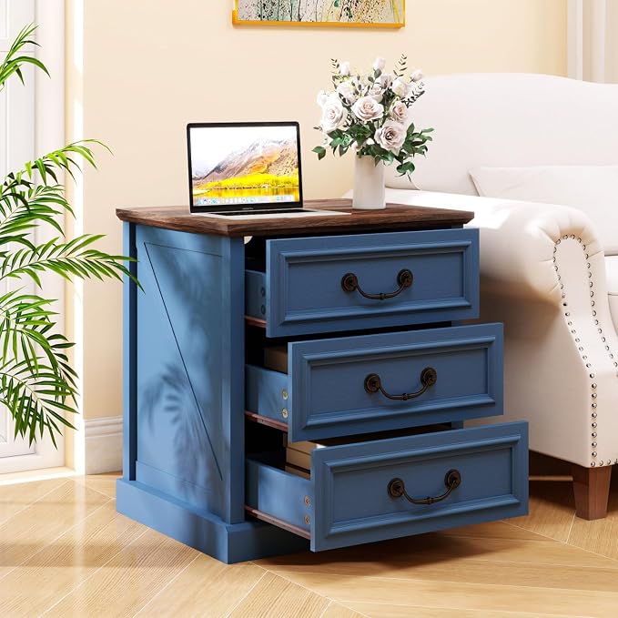 Vipbear 22" Nightstand with Charging Station 3 Drawer Large Blue Farmhouse Night Stand Wood Rustic Bedside End Table with Vintage Smile Handles Storage Space for Bedroom,Closet - Image 8