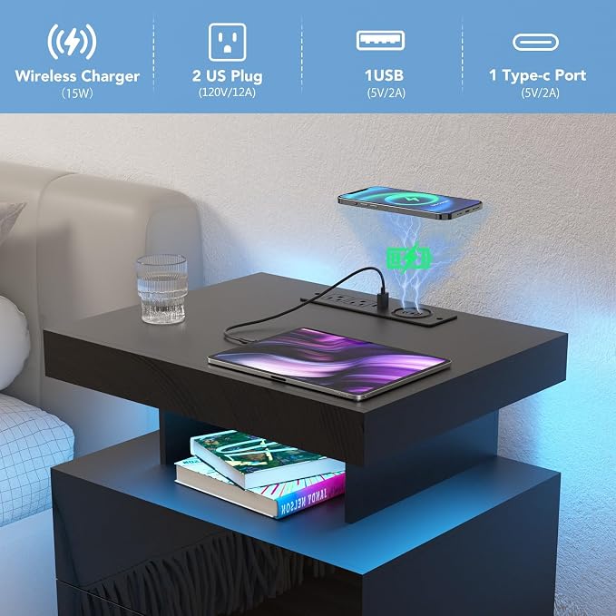 HOMMPA Nightstand with Charging Station and LED Light, Smart Nightstand with USB Port & Wireless Charging, Modern Night Stand with 3 Drawer, Black Beside Table with High Gloss Surface for Bedroom - Image 3