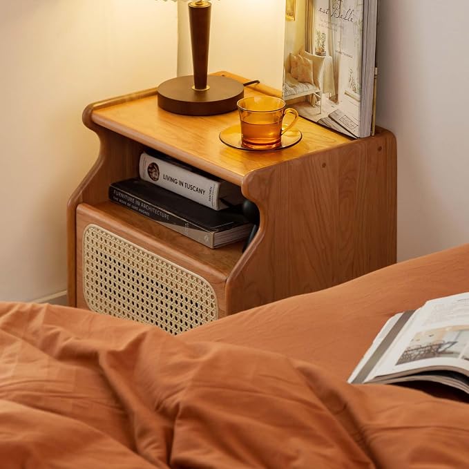 YESWOOD Cherry Wood Nightstand with Drawer, Rattan Nightstand, Natural Wooden Side Table, 19.3" H Bedside Table with Open Shelf, Small Nightstand for Bedroom - Image 2