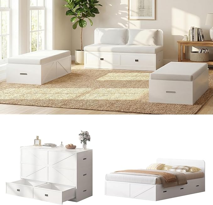 CECER Full Size Murphy Bed with Mattress Include，Murphy Bed Full with Storage Drawers，Multi-Functional Desgin that Converts to Sofa Set for Small Spaces/Guest Room/Bedroom（White）